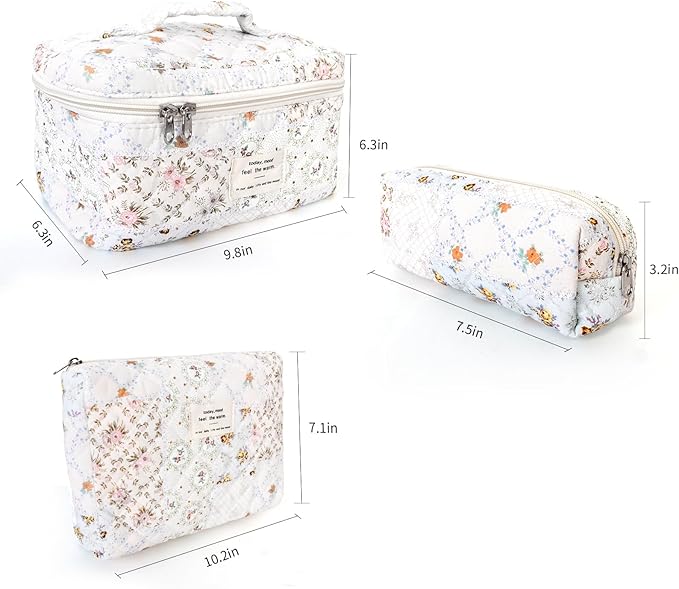 GISMTR 3Pcs Cotton Quilted Makeup Bag Large Travel Cosmetic Bag Coquette Makeup Pouch Cute Aesthetic Floral Toiletry Bag for Women Girls (flower-U)