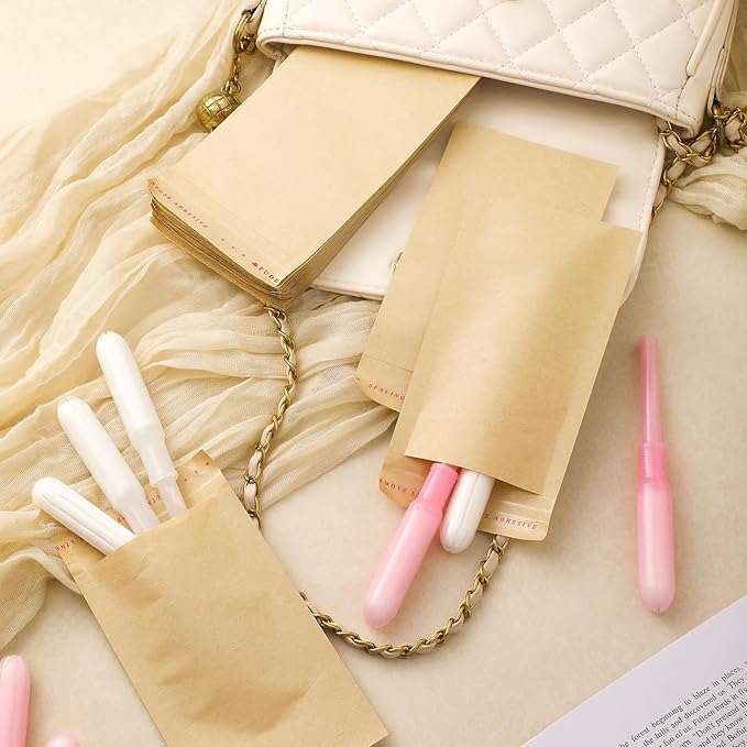 Saypacck 100 Pcs Tampons Disposal Bags Sanitary Napkin Disposal Bags Bulk Feminine Hygiene Disposal Bag Bulk Kraft Tampons Bag for Feminine Products with Self Adhesive for Women Girls, 5.91" x 3.15"