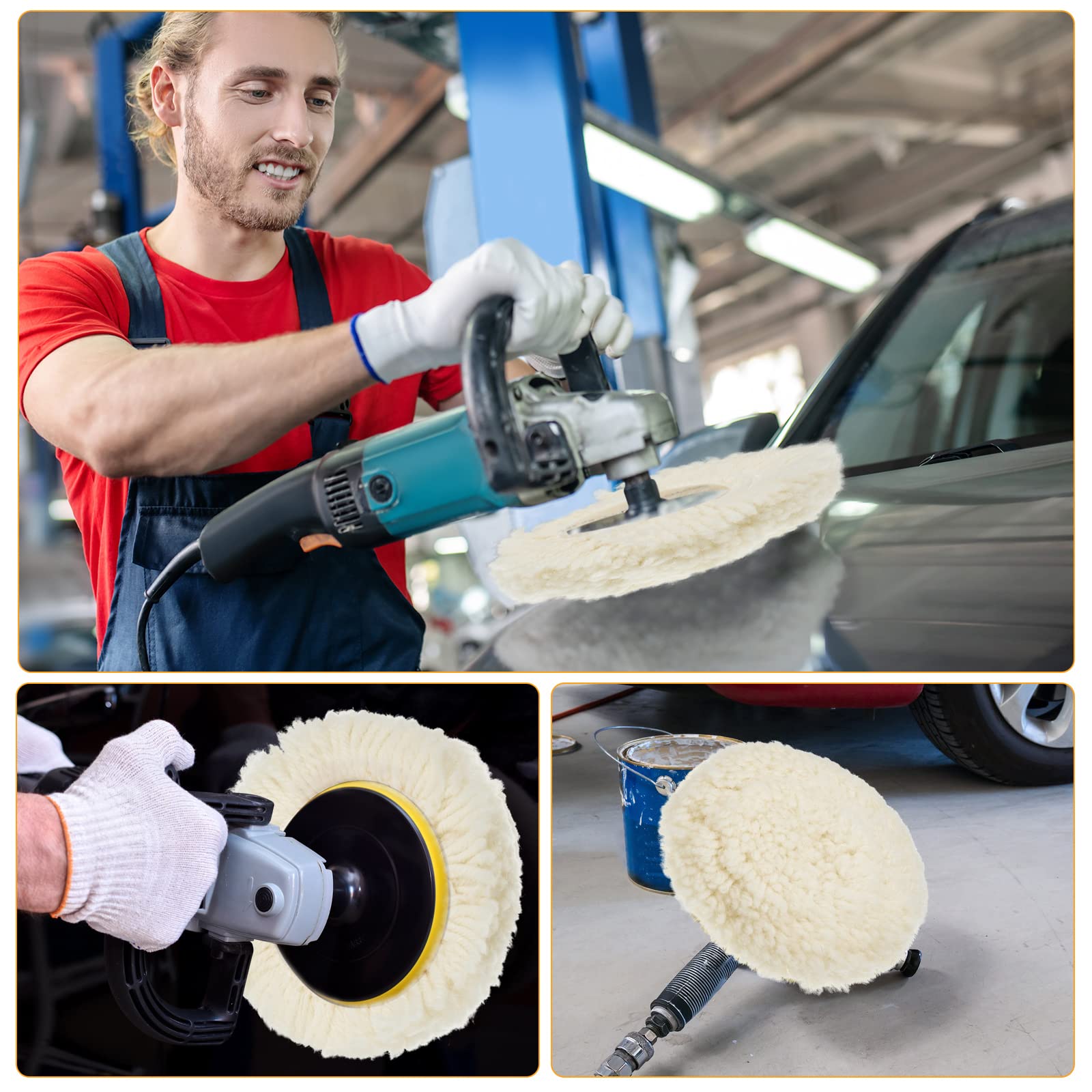 Tallew 6 Pcs 3 Inch Wool Polishing Pad Hook Loop Buffing Pad for Drill Curved Edge Compound Cutting Tool Drill Polisher Attachment Wheel Polish Kit Car Body Repair Buffing