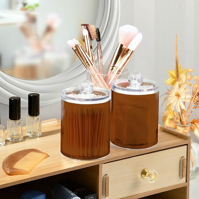 Saddle Brown Qtip Holder Organizer Dispenser Cotton Swabs Cans Plastic Jars with Lid Set 4 Pack Bathroom Storage Canister for Cotton Ball Floss Cotton Pads