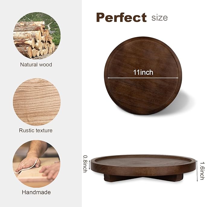 Round Decorative Tray Farmhouse Kitchen Decor Soap Dish, 11" Walnut