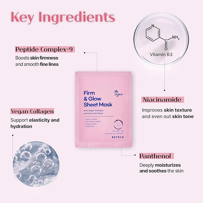 varuza Firm & Glow Sheet Mask with Vegan Collagen Semi-Gel Sheet Biodegradable 100% Cellulose for Anti-Aging Hydration Elasticity Peptide Complex-9 Niacinamide 5 Count