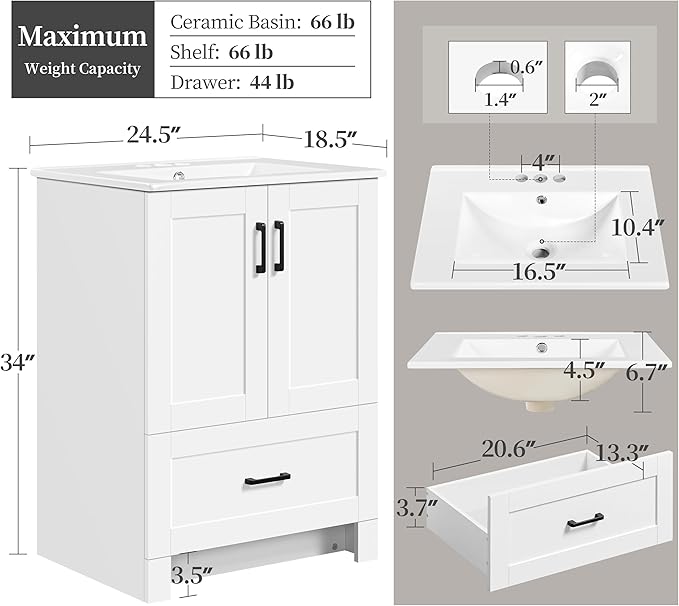 Yaheetech 24.5" Modern Bathroom Vanity with Ceramic Basin, Undermount Vanity Sink Cabinet with 2 Doors and 1 Drawer, Free Standing Bathroom Storage Cabinet with Sink Combo Set, White
