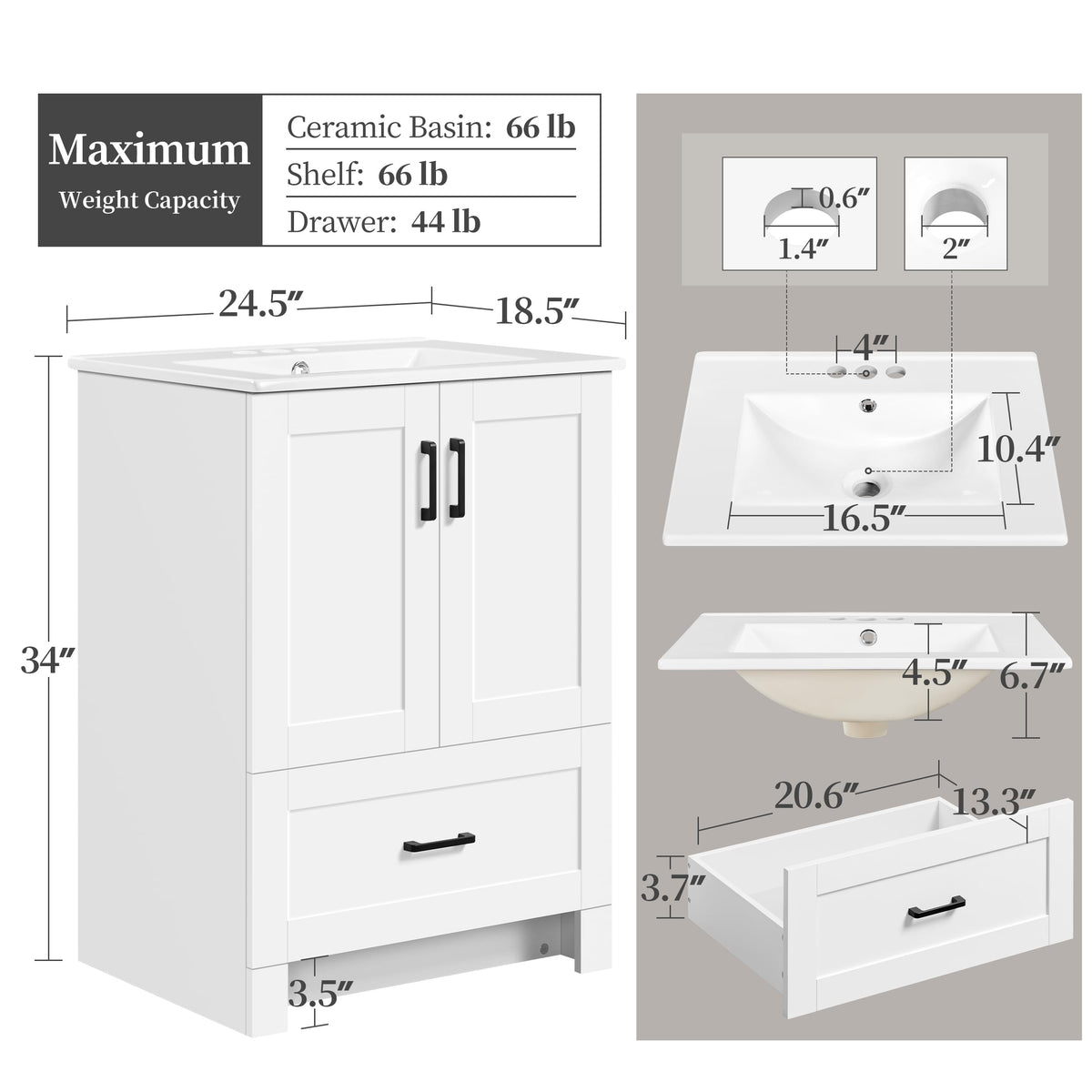 Yaheetech 24" Bathroom Vanity with Sink, 2 Doors & 1 Drawer Cabinet, White