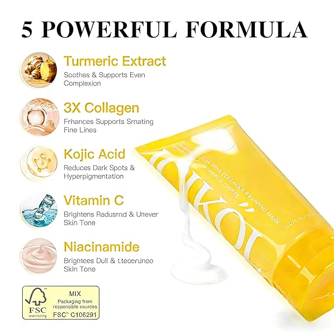 Turmeric Collagen Night Wrapping Mask, Kojic Acid Overnight Peel Off Face Masks with Vitamin C for Refresh Dullness Looking Skin, Hydrating Facial Masks Radiant Women Skin, 5.07 oz Large Size