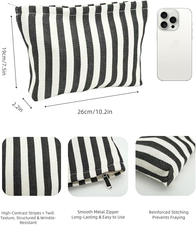 RIKMOXR Large Black White Stripe Makeup Bag - Canvas Lined Cosmetic Toiletry Travel Pouch | Purse Organizer for Women & Girls