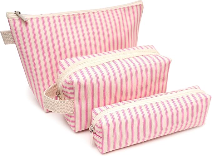 Beayuva 3 Pcs Canvas Makeup Bag Set Cosmetic Pouch for Women Travel Toiletry Bag Cute Makeup Organizer Purse Pouch Preppy Pencil Case with Zipper (Pink Pinstripes)