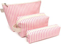 Beayuva 3 Pcs Canvas Makeup Bag Set Cosmetic Pouch for Women Travel Toiletry Bag Cute Makeup Organizer Purse Pouch Preppy Pencil Case with Zipper (Pink Pinstripes)