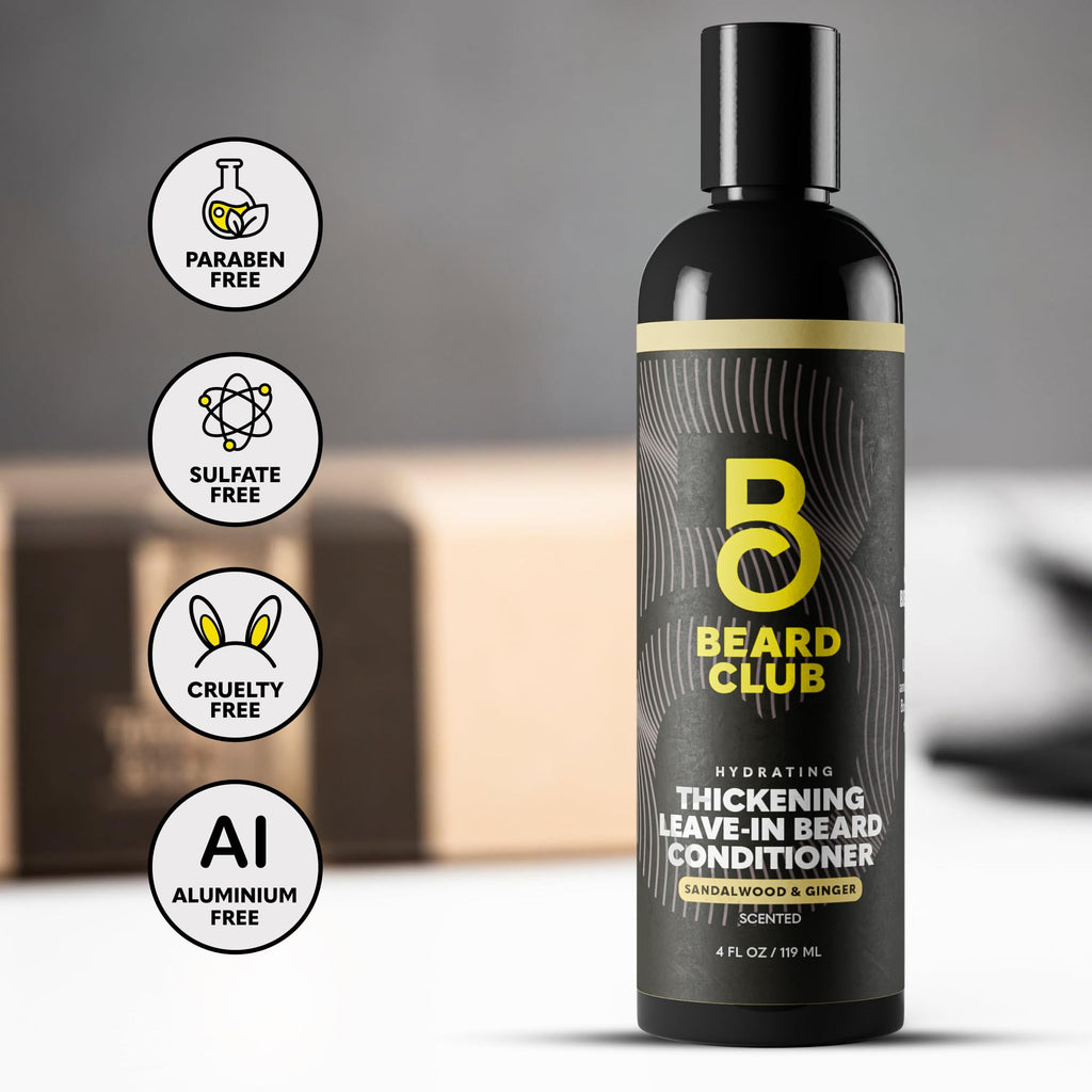 The Beard Club Thickening Leave-In Beard Conditioner for Men – Sandalwood & Ginger Cream – Hydrating Moisturizer, Softener & Lotion – Nourishes, Strengthens & Provides Itch Relief – 4oz