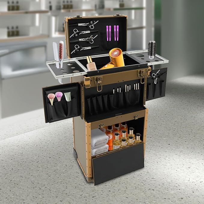 CNCEST Beauty Salon Luggage,Rolling Lockable Makeup Train Case Hairdressing Trolley Stylist Beauty Salon Cosmetic Luggage Travel Organizer Tool Box with Hair Dryer Holder (Gold)