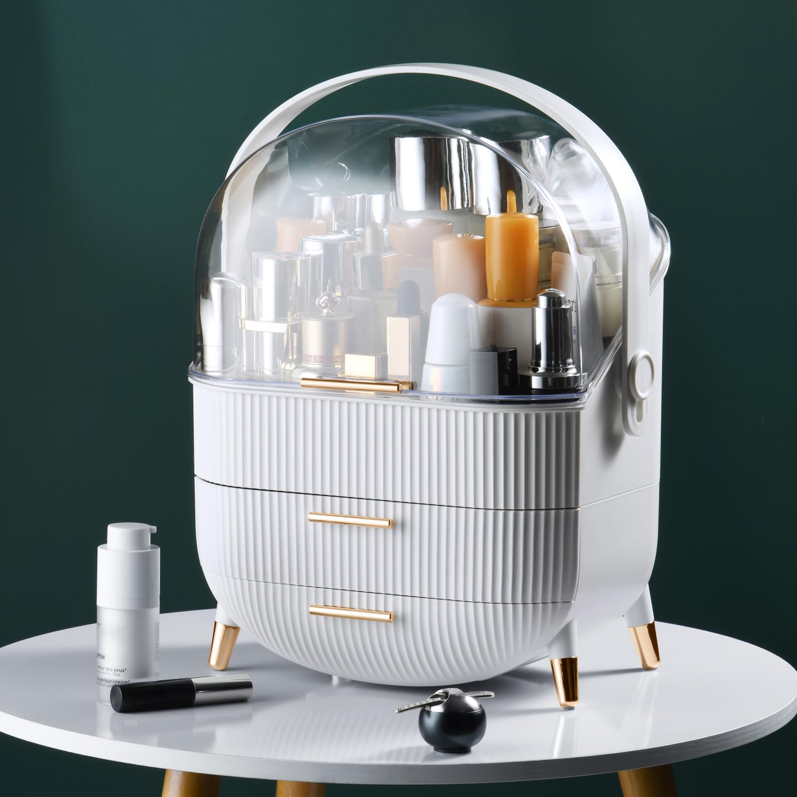 CANITORON Makeup Organizer,Skincare Organizer with 2 Drawers and Transparent Cover,Cosmetic Display Case for Vanity Organizer and Bathroom Countertop Storage.(White)