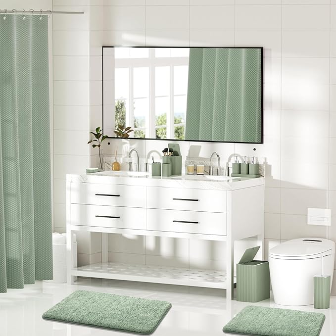InnJoey Bathroom Accessory Set - Bathroom Sets with Shower Curtain and Rugs, Sage Green Bathroom Set, 27PC Bathroom Accessories Set, Mini Trash Can, Toilet Brush, Trash Can & Soap Dispenser