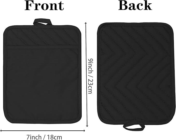 VEIKERY Oven Pot Holder with Pocket Cotton Heat Resistant Coaster Potholder Kitchen Hot Pad Oven Mitts for Cooking Square 7"x9" Set of 3 (Black)