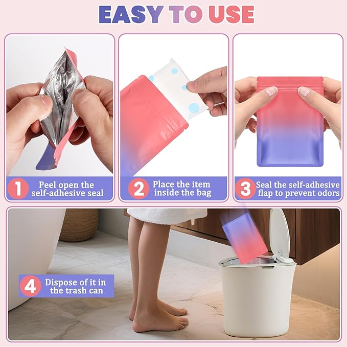 Disposable Sanitary Hygiene Disposal Bags for Bag Period Tampon Napkin Trash, 100pcs, Discreet Privacy Cover, Stylish Look, Self-Adhesive Seal,Portable for Purse, Bathroom, School,Travel(Pink-Purple)