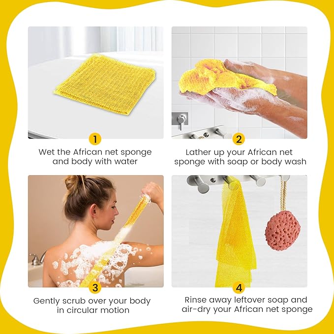 African Net Sponge, Authentic Exfoliating Body Scrubber for Bath and Shower, Multiple Textures with Gentle Deep Exfoliating and Rich Lather for All Skins (Yellow)