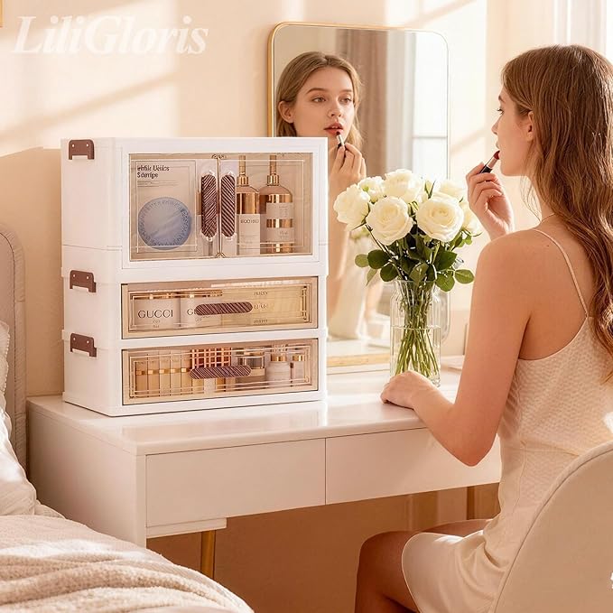 A stackable desktop organizer with drawers and compartments, ideal for storing cosmetics, beauty tools, jewelry, and school supplies in a student dorm. Features a convenient magnetic door handle.
