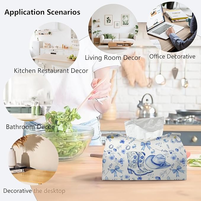 Blue Western Cowgirl Tissue Box Cover Rectangle,Blue and White Floral Toilet Paper Box Holder,Leather Decorative Facial Paper Case for Living Room Bathroom Kitchen Office Desk,9.8x5.9x5.9In