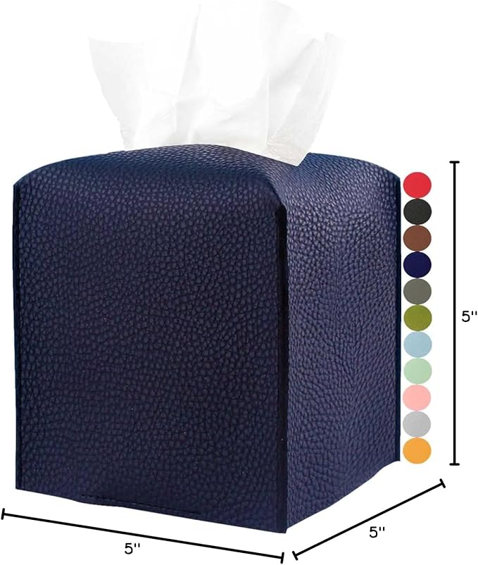 Tissue Box Cover Square Leather – Tissue Box Holder with Bottom Belt [JESMINI, Navy Blue] Decorative Cube Tissue Holder for Bathroom