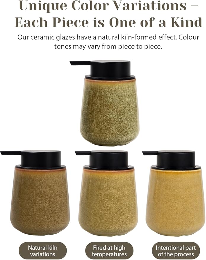 INGOFIN Ceramic Lotion Dispenser - 12 oz Refillable Hand Soap Dispenser Bathroom, Modern Liquid Soap Dispenser with Pump, Dish Dispenser for Kitchen,Kiln-Glazed Earthy Yellow-Brown