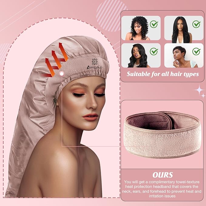 Bonnet Hair Dryer Attachment - Bonnet Hood Dryer with Headband That Reduces Heat Around Ears and Neck, Use for Hair Styling, Hair Drying, Curling and Deep Conditioning (Extended Version, Pink)
