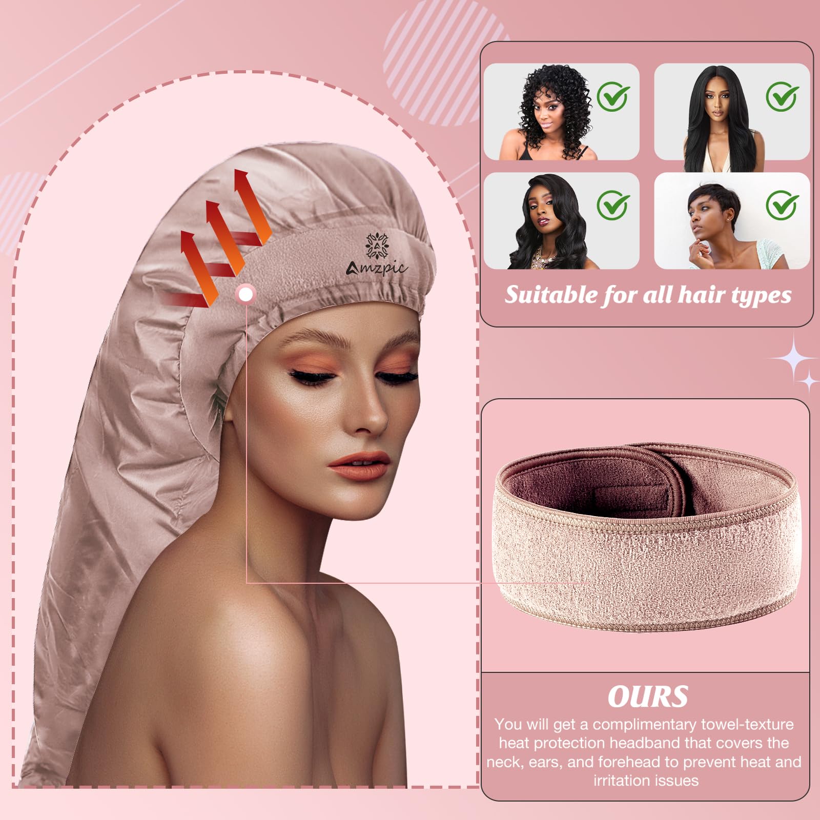Bonnet Hair Dryer Attachment - Bonnet Hood Dryer with Headband that Reduces Heat Around Ears and Neck, Use for Hair Styling, Hair Drying, Curling and Deep Conditioning (Extended Version, Pink)