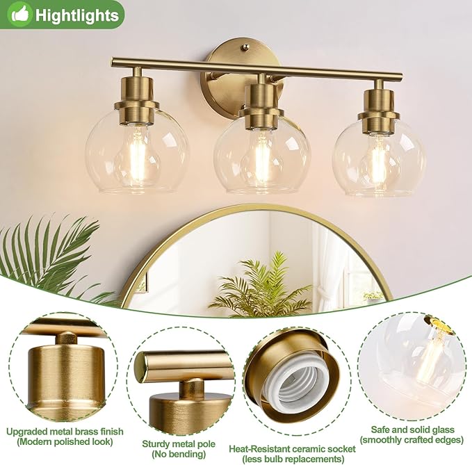 3-Light Bathroom Light Fixtures, Brushed Brass Bathroom Lights Over Mirror with Clear Glass Globe Shade, Vanity Lights for Bathroom Kitchen Living Room Hallway Cabinet Bedroom Porch