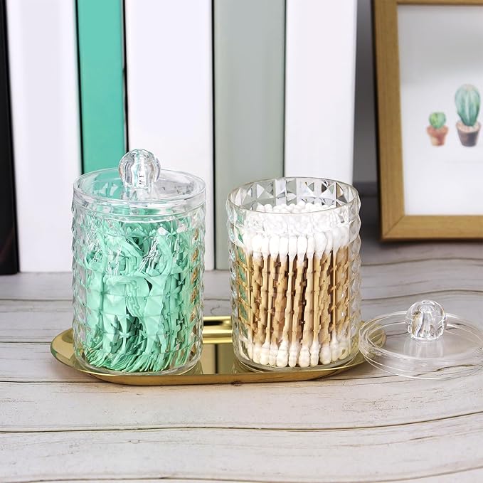 2 Pack Qtip Holder Bathroom Storage Canister for Cotton Ball Cotton Swab Pads Floss, Small Plastic Jars with Lids (Clear, 2 Pack)