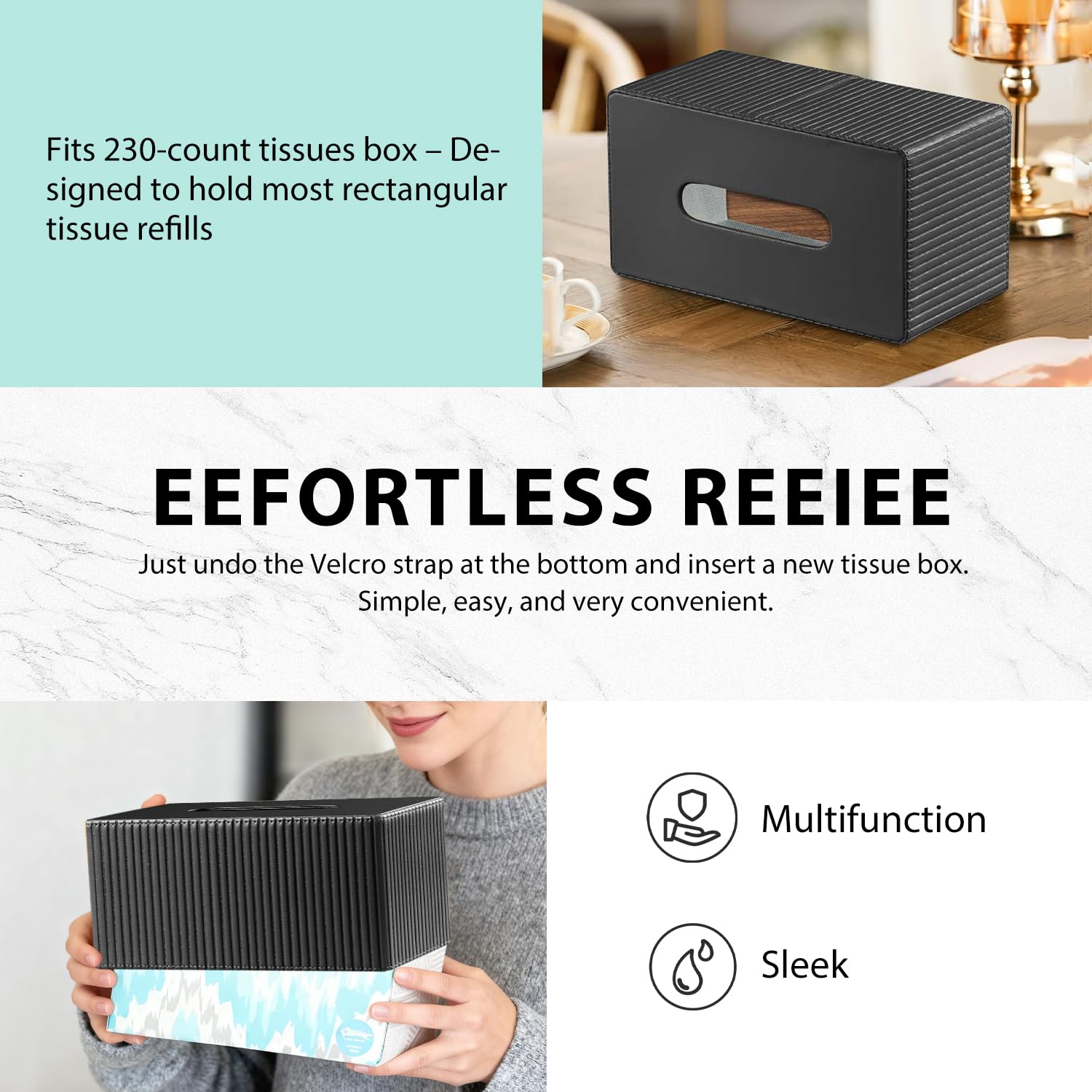Fanousy Large Tissue Box Cover Rectangular with Bottom Belt, Fits 230-Count Kleenex, Modern PU Leather Facial Tissue Dispenser Holder for Bathroom Vanity, Nightstand, Bedroom, Office, Home Decor