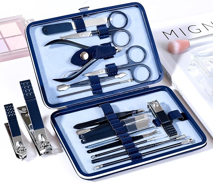 Manicure Set Pedicure Kit Nail Clippers Set Fingernail Clipper Set Ingrown Toenail Nail Kit Scissor Nail Trimmer Kit 18 Pieces Women and Men’s Care Grooming Tools with Fine Case (Dark Blue_18 Pieces)