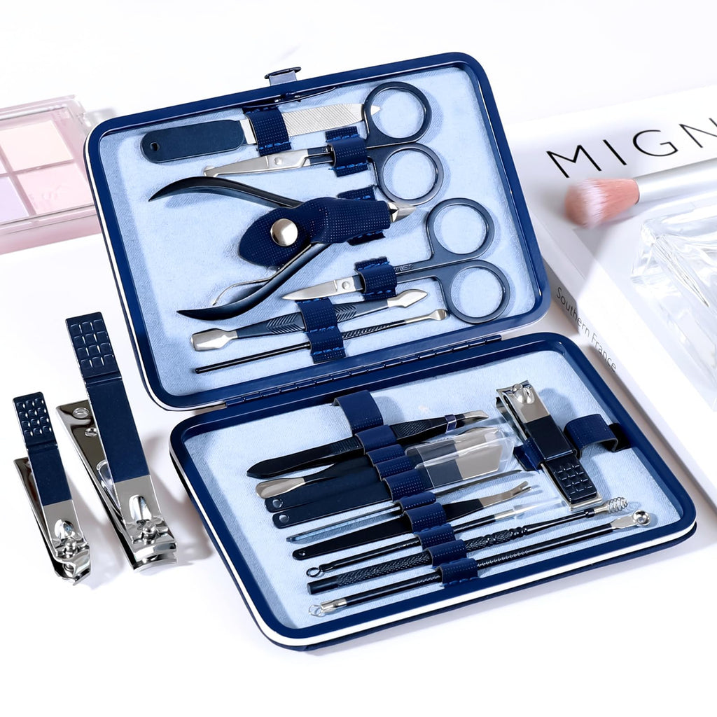 Manicure Set Pedicure Kit Nail Clippers Set Fingernail Clipper Set Ingrown Toenail Nail Kit Scissor Nail Trimmer Kit 18 Pieces Women and Men’s Care Grooming Tools with Fine Case (Dark Blue_18 Pieces)