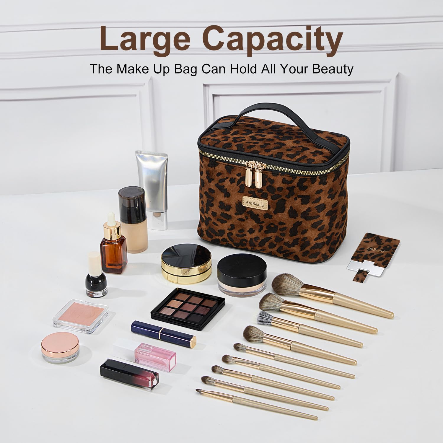 AmBealla Large Makeup Travel Bag Cosmetic Bags with Makeup Mirror and Brush Holder,Makeup Organizer Leopard Print for Women,Portable Toiletry Bag for Fashion Girls