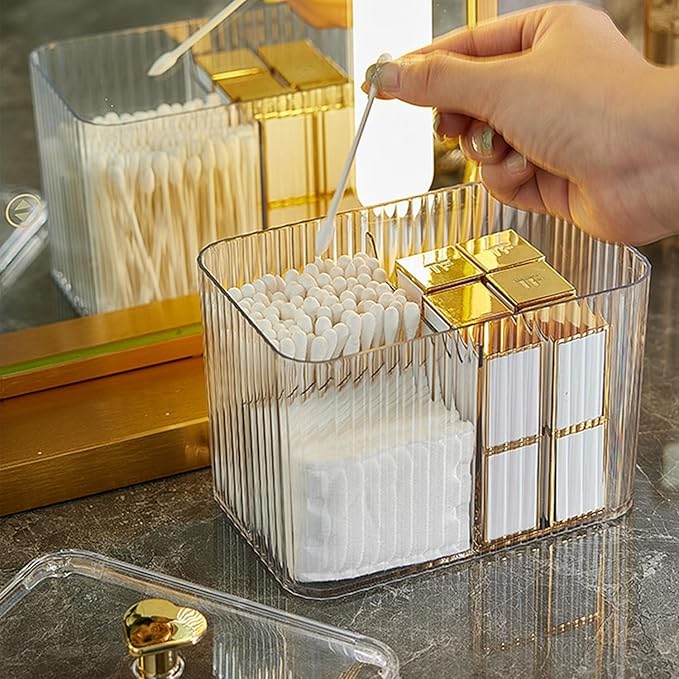 WIWIUXY Qtips Holder Bathroom Container,3-Section Cotton Ball/Swabs Dispenser,3 Grids Apothecary Jar Organizer, Cosmetics Storage for Vanity