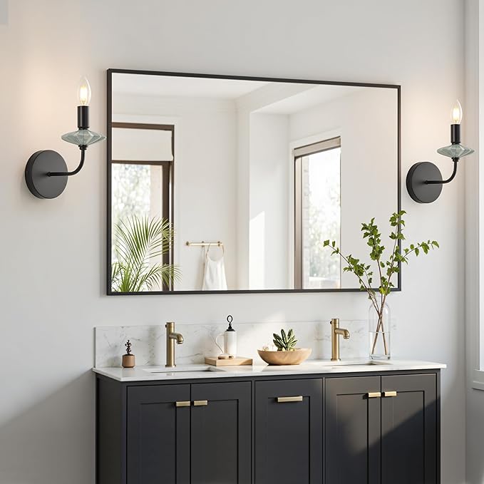 Modern Retro Wall sconces Set of Two with Green Ceramic Flower Decoration,Black Wall Lights, Hardwired Vintage Vanity Light for Bathroom, Living Room, Bedroom, and hallways.