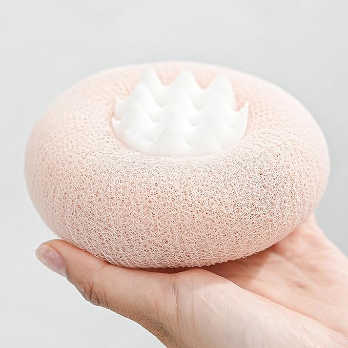 4Pcs Bath Sponge Shower Loofah, Exfoliating Body Scrubber, Upgrade Large 2-in-1 Sunflower Bath Ball with Suction Cup Non-Slip Handle, Bath Sponges for Men Women(Blue&Purple&Pink&Beige)