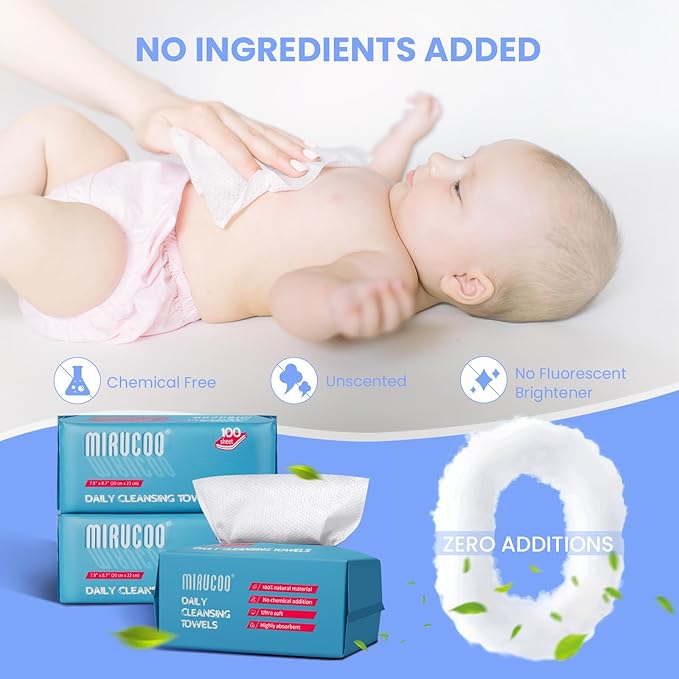 Mirucoo 100 Sheet Daily Cleansing Towels Ultra Soft Dry Wipes for Sensitive Skin Disposable Facial Washcloths 100% Organic Viscose (Pack of 3)