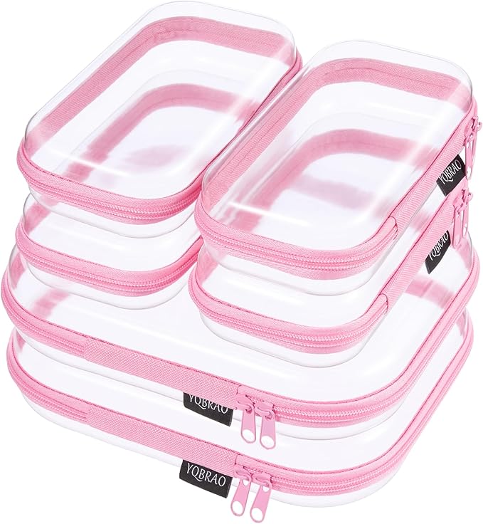 6 Pack Pink Clear Hard Shell Beauty Organizer (2M+4S), 1.2mm Heavy Duty Crush-Proof Cosmetic Case, Reinforced YKK Zippers, Stadium Approved Security Bag for Skincare & Electronics, Multi-Size Set
