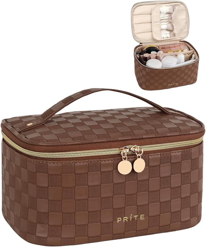 Prite Makeup Bag, Large Capacity Cosmetic Bag for Women and Girls, Waterproof PU Leather Travel Case with Handle, Divider for Skincare and Brushes - Checkered Brown