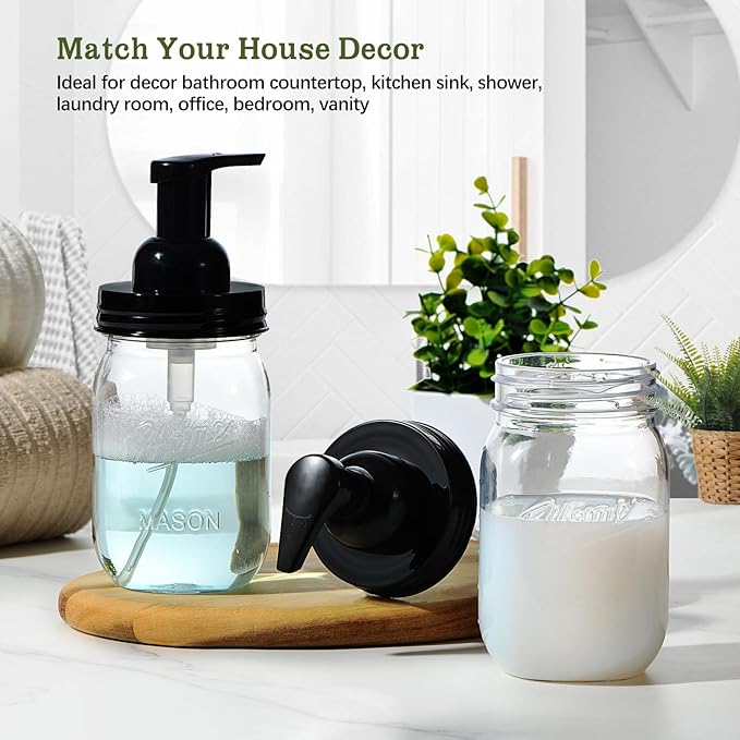 Amolliar Plastic Mason Jar Foaming Soap Dispenser with Pump Lid,16OZ Refillable Hand Soap Dispenser with Cute Lables, Farmhouse Decor for Kitchen/Bathroom, Lotion Dish Soap (1 Pack, Black)