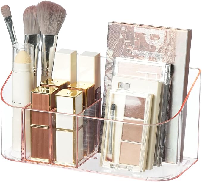 Makeup Tray Holder Organizer Cosmetic Display Case Tabletop Desktop Vanity Countertop Bathroom Wall Cabinet Medicine Storage Box 9 Dividers 2 Removable Women Ladies Girls Gifts Crystal Pink 1 PACK