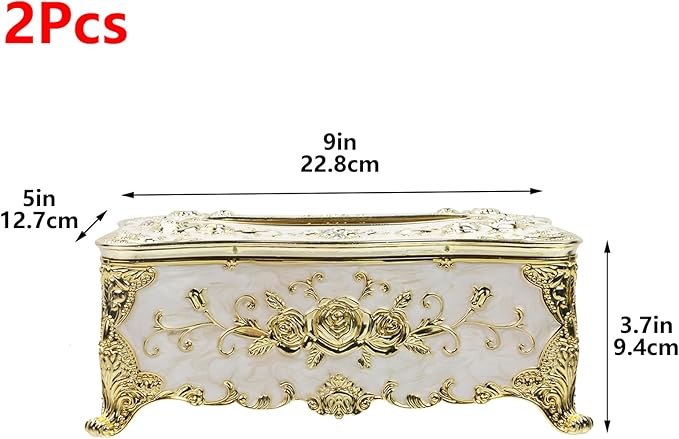 Geesatis Tissue Box Cover Tissue Box Holder Facial Tissue Paper Organizer Luxury Facial Napkin Holder for Home, Gold, 2 Pcs,9x5x3.7inch