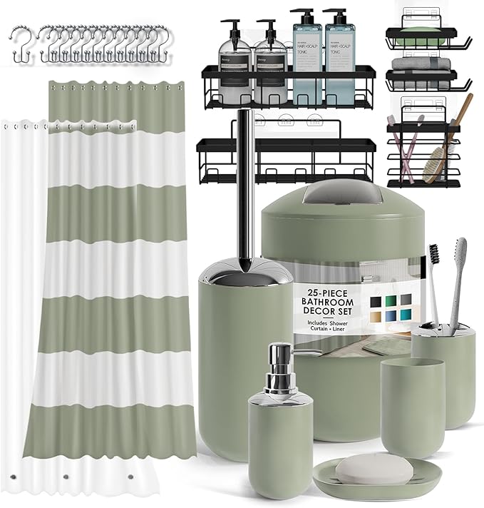 Clara Clark Bathroom Accessories Set - 23PC Shower Curtain Set with Bathroom Trash Can, Green Bathroom Set, Bathroom Sets with Shower Curtain and Green Rugs