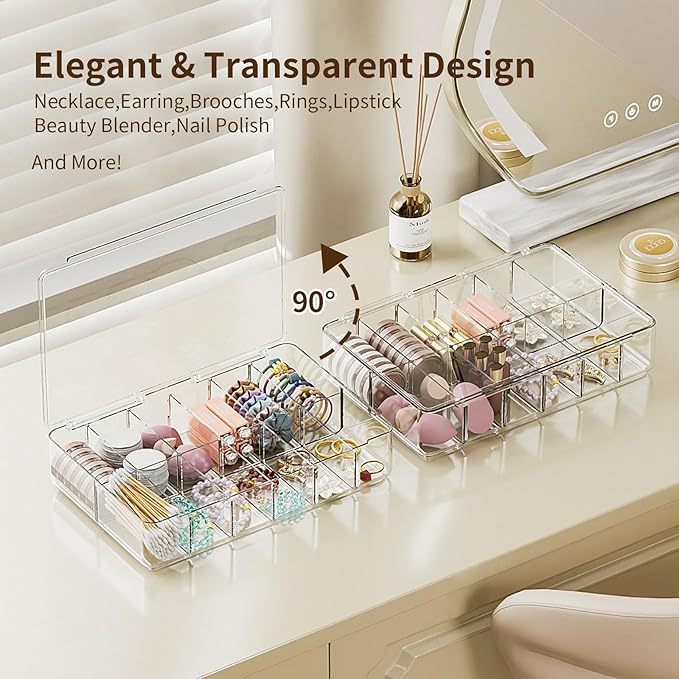 APLOP Clear Acrylic Makeup Organizer with Cover - 12 Compartments Cosmetic and Jewelry Organizer for Vanity and Desk Storage