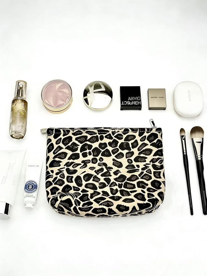 RIKMOXR Brown Leopard Canvas Makeup Bag Organizer for Women & Girls - Large Capacity Travel Toiletry Pouch | Purse Organizer Cosmetic Zipper Bag