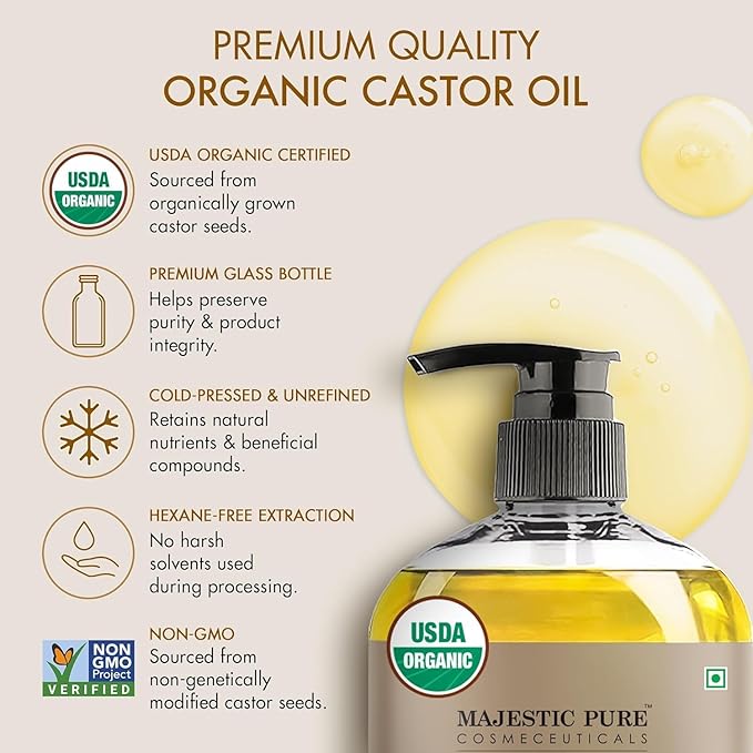 Majestic Pure Oil - 100% Pure and Natural- Cold Pressed & Hexane Free Natural Hair Growth Oil for Eyelashes, Eyebrows, Skin, Body, Face, Nails & Scalp - USDA Organic Castor Oil 8 Fl Oz