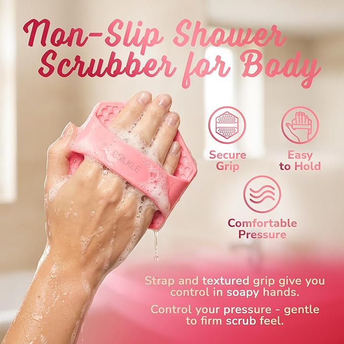 Silicone Body Scrubber – Gentle Exfoliating Shower Scrubber for Body & Bath, Silicone Shower Brush & Loofah Alternative – Non-Slip Silicone Body Brush, Quick Dry, Hygienic - Pink