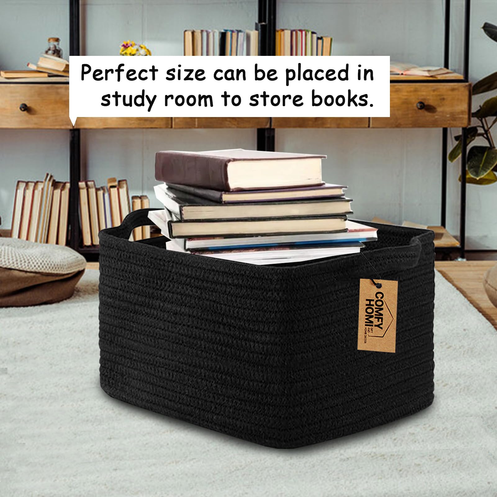 COMFY-HOMI Cotton Rope Woven Basket with Handles for Shelves,Toys,Book, Cloth Storage Baskets Bin for Organizing- 1 PCSToy Decorative Organizer for Living Room, Bathroom
