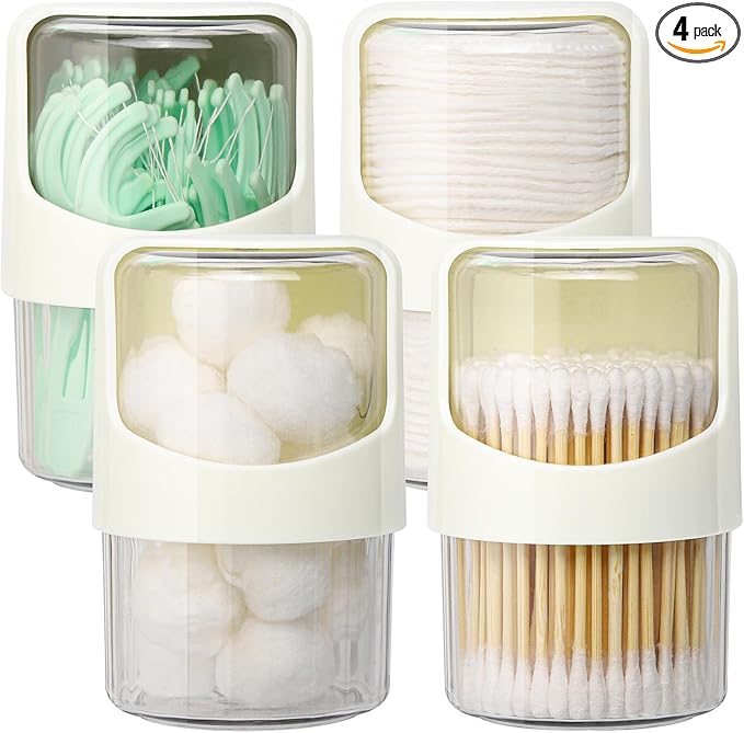 Tbestmax 4 Pack Rotating Qtip Holder Dispenser for Cotton Swabs, Makeup & Hair Accessories, Vanity Organizer with Canisters for Floss Picks, Cotton Balls, Bathroom Essentials Accessories Decor, Beige