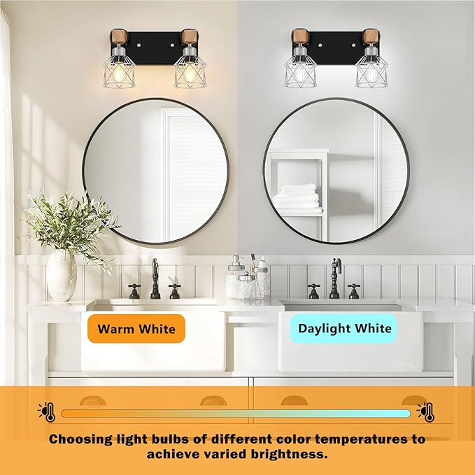 FadimiKoo Farmhouse Bathroom Light Fixtures, Rustic 2-Light Wood Vanity Lights for Bathroom, Industrial Black Silver Wall Lighting with Metal Shade for Bedroom, Living Room, Hallway