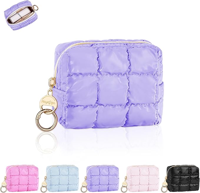 Playexen Puffy Mini Makeup Bag, Cute Quilted Small Cosmetic Bag for Purse, Portable Travel Makeup Pouch for Lipsticks, Chapsticks, Earphone, Credit Card, Birthday/Wedding/Christmas Gifts (Purple)