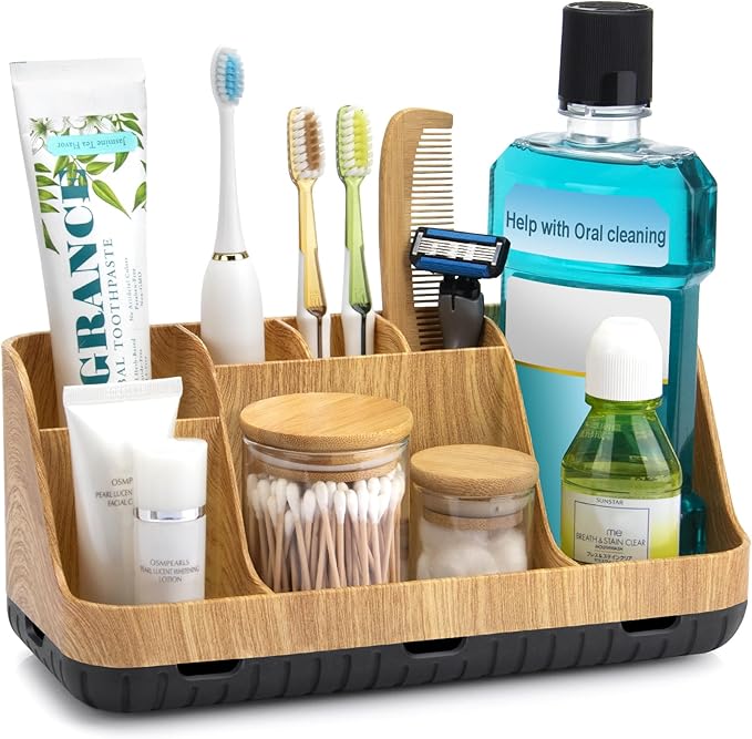 GFWARE Bathroom Toothbrush Holder Set with 2 Pack Qtip Holder Dispenser - 7 Slots Kids Bathroom Accessory Sets with Drainage, Q Tip Holder for Bathroom Sink Counter Accessories Set